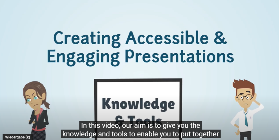 Thumbnail of a cartoon world. The title says "Creating accessible & Engaging presentations". Two people are shown that seem confused. This video opens on YouTube. will open in