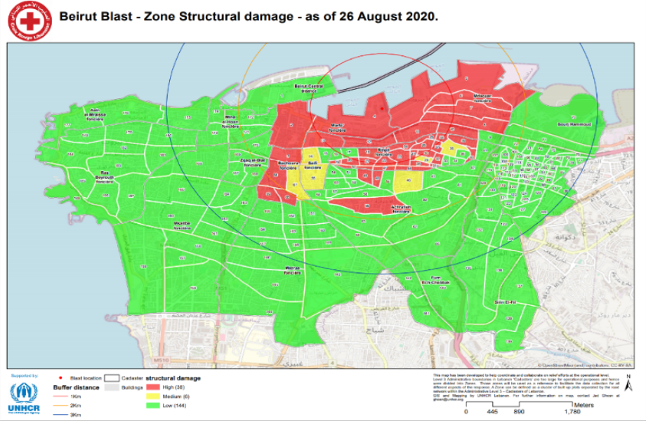 UNHCR Map of the area around the port of Beirut showing the varying degree of structural damage after the Blast in August 2020.