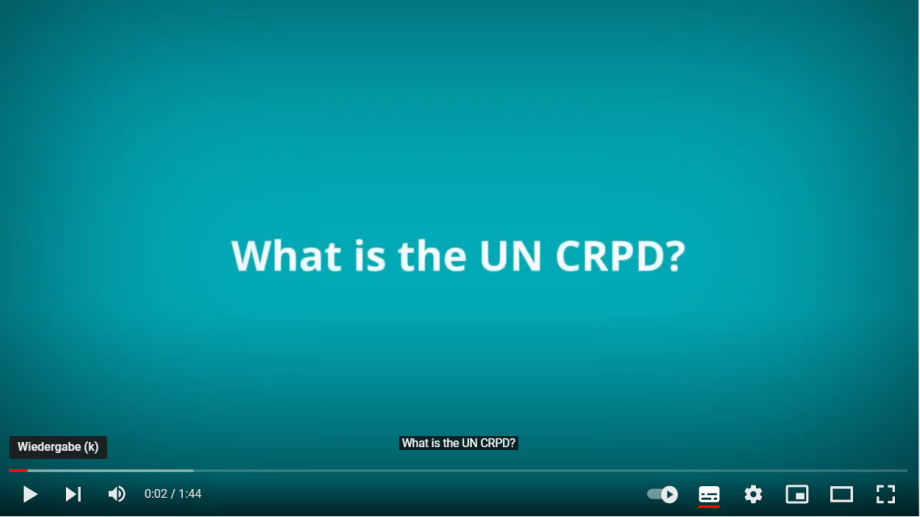 A turquoise background with white text saying 'What is the CRPD?'. This video will open in YouTube.