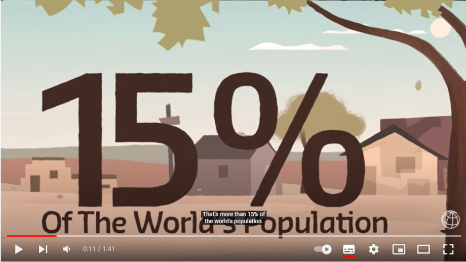An illustration of a rural area with a big writing in the center that says 15 % of the world population. This image links to a video that opens on YouTube.